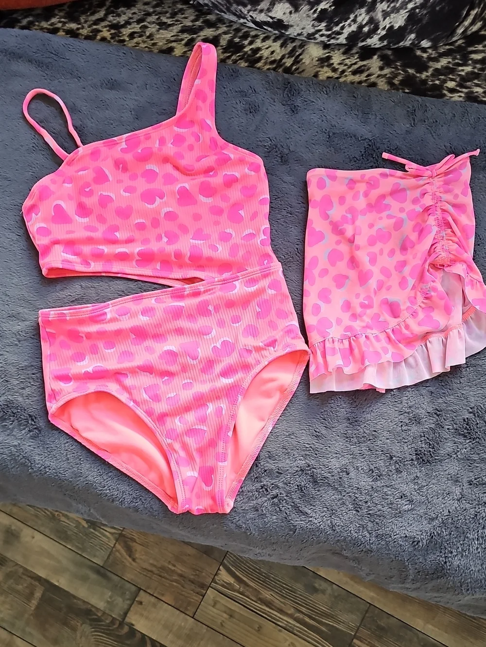 Cat & Jack Neon Pink Heart Print One-Piece Swim Set with Ruffle Skirt